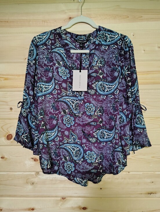 41 Hawthorn Tops - NEW 41 Hawthorn Trina Top Purple Paisley Floral M Bell Tie Sleeve Pleat Back